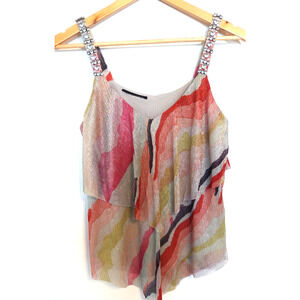 Vintage Camisole Top Womens Small Multicolor Pleated Tiered Metallic Rhinestone